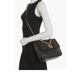 Badgley Mischka Crossbody Bag Women Medium Black Excellent Quilted Gold Chain